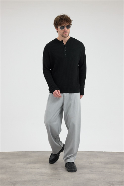 Erkek Fitilli Düğmeli Siyah İnce Kazak