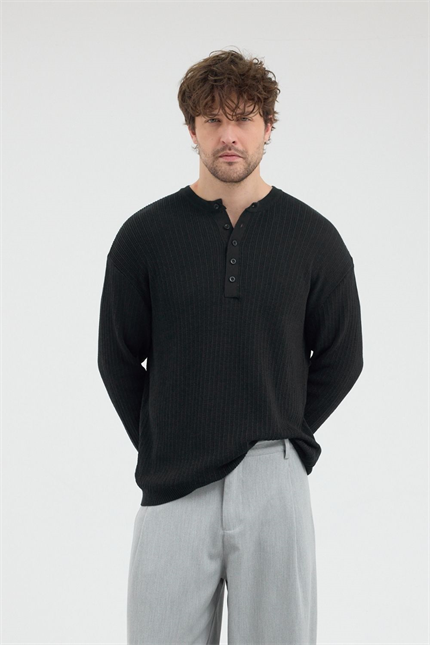 Erkek Fitilli Düğmeli Siyah İnce Kazak