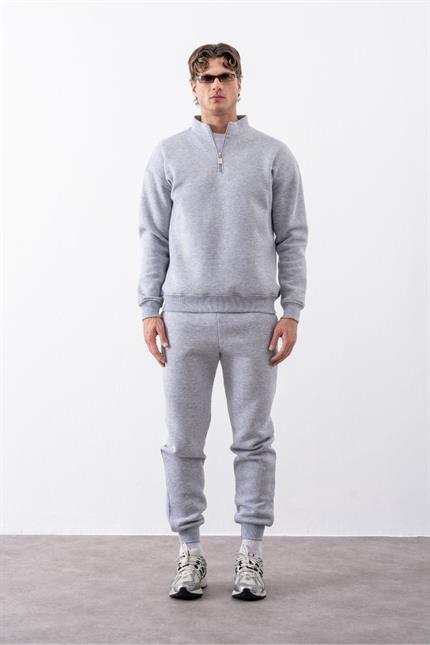 Erkek Gri Fermuarlı Oversize Sweatshirt