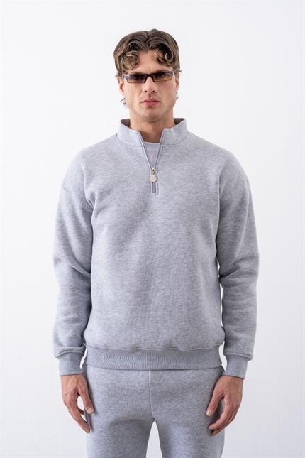 Erkek Gri Fermuarlı Oversize Sweatshirt