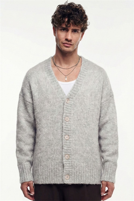 Erkek Gri Oversize Sakallı Düğmeli Hırka