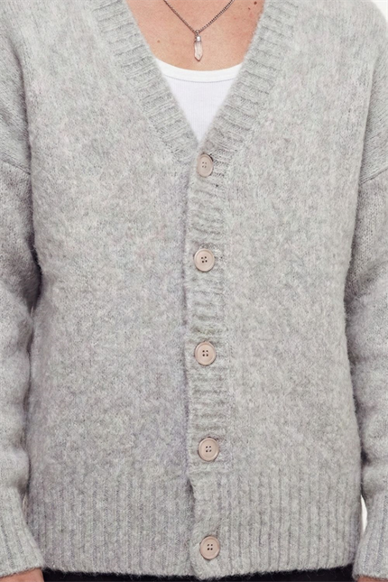 Erkek Gri Oversize Sakallı Düğmeli Hırka