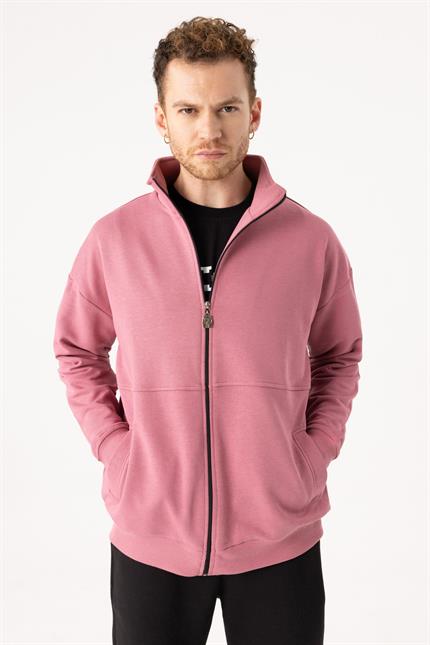 Erkek Gül Kurusu Dik Yaka Fermuarlı Oversize Sweatshirt