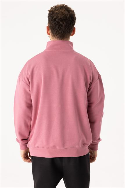 Erkek Gül Kurusu Dik Yaka Fermuarlı Oversize Sweatshirt