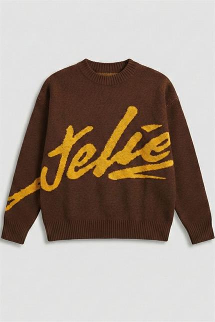 Erkek Kahverengi İşlemeli Oversize Kazak