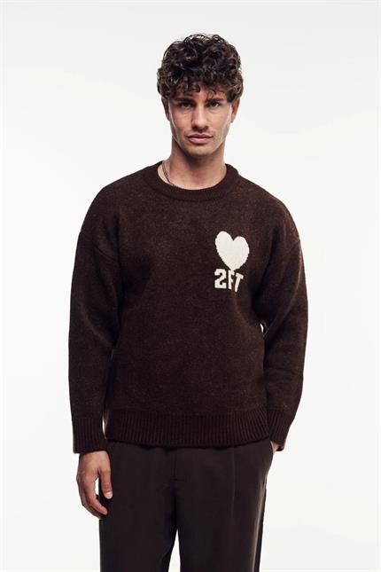 Erkek Kahverengi İşlemeli Oversize Triko