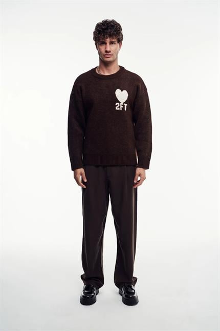 Erkek Kahverengi İşlemeli Oversize Triko