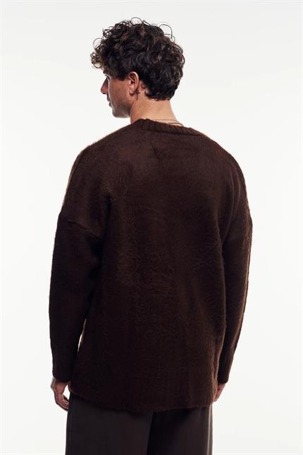 Erkek Kahverengi Oversize Sakallı Düğmeli Hırka