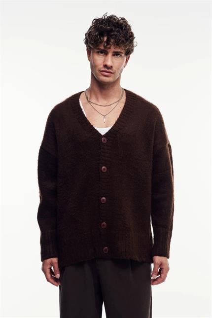 Erkek Kahverengi Oversize Sakallı Düğmeli Hırka