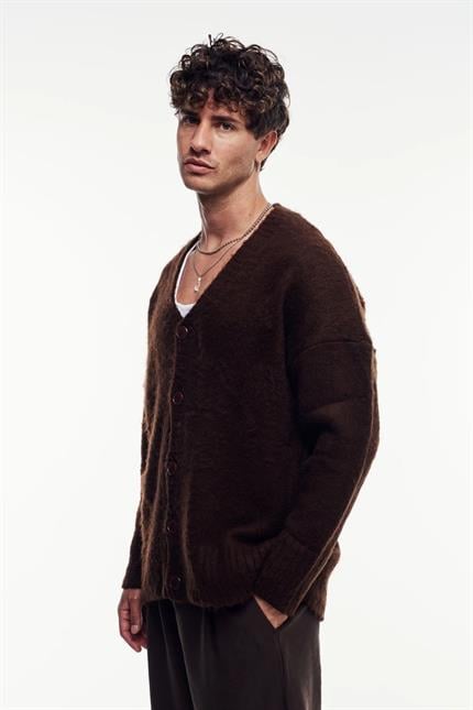 Erkek Kahverengi Oversize Sakallı Düğmeli Hırka