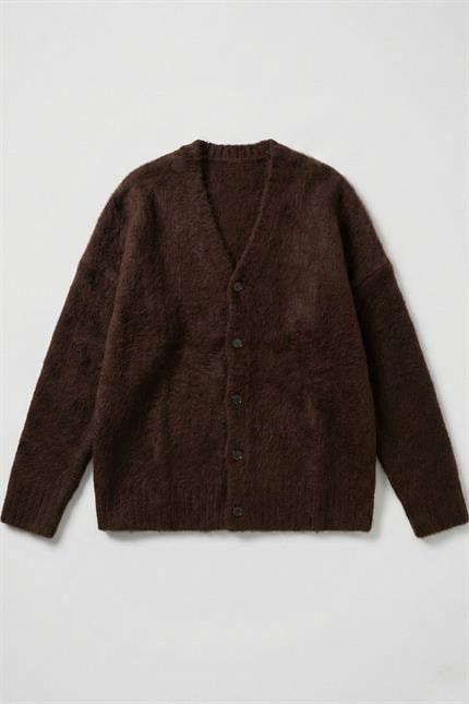 Erkek Kahverengi Oversize Sakallı Düğmeli Hırka