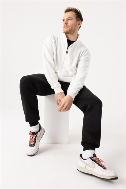 Erkek Krem Dik Yaka Fermuarlı Oversize Sweatshirt