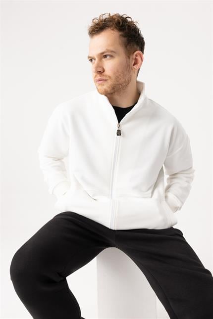 Erkek Krem Dik Yaka Fermuarlı Oversize Sweatshirt