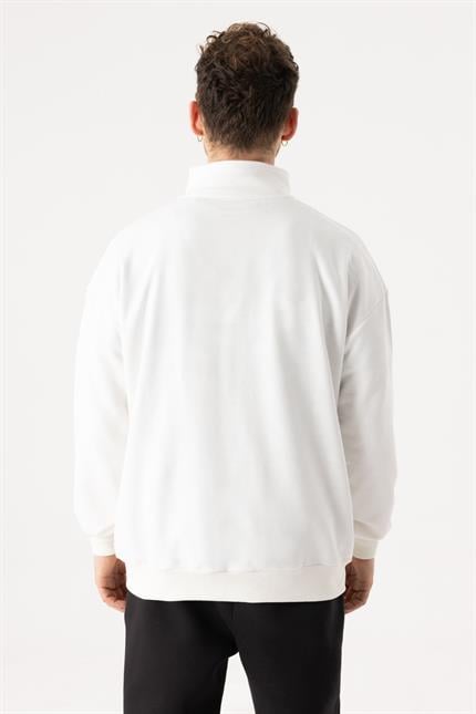 Erkek Krem Dik Yaka Fermuarlı Oversize Sweatshirt