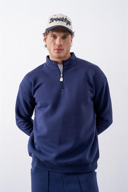 Erkek Lacivert Fermuarlı Oversize Sweatshirt