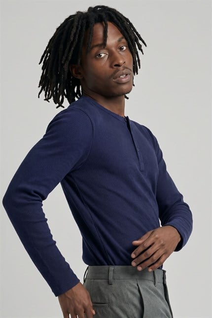 Erkek Lacivert Henley  T-Shirt