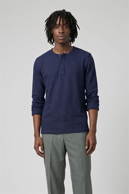 Erkek Lacivert Henley  T-Shirt