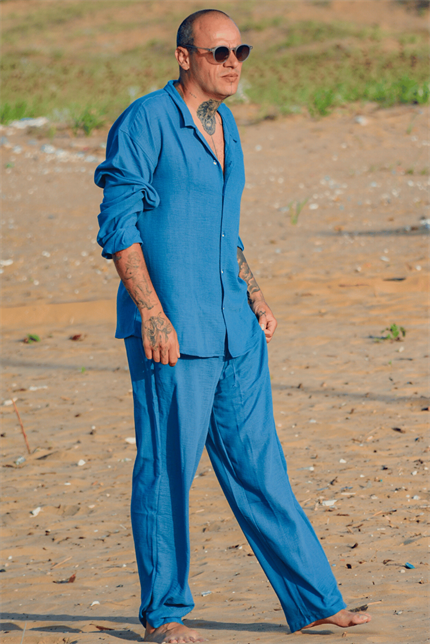 Erkek Mavi Keten Pantolon