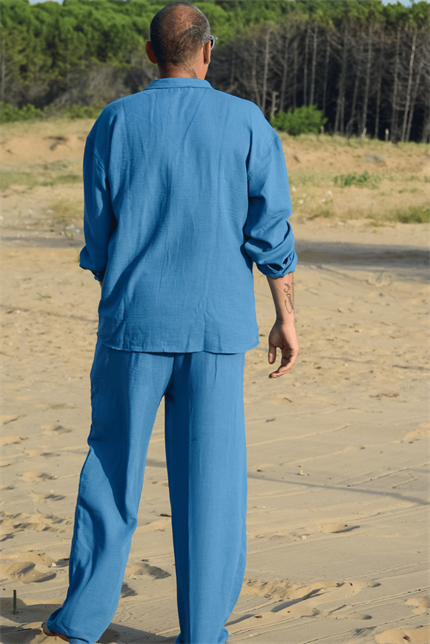 Erkek Mavi Keten Pantolon