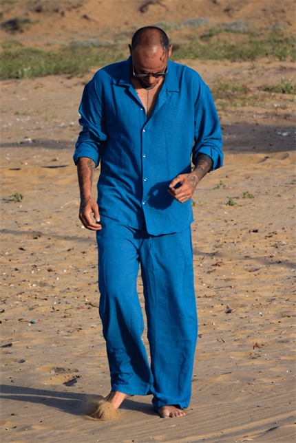 Erkek Mavi Keten Pantolon