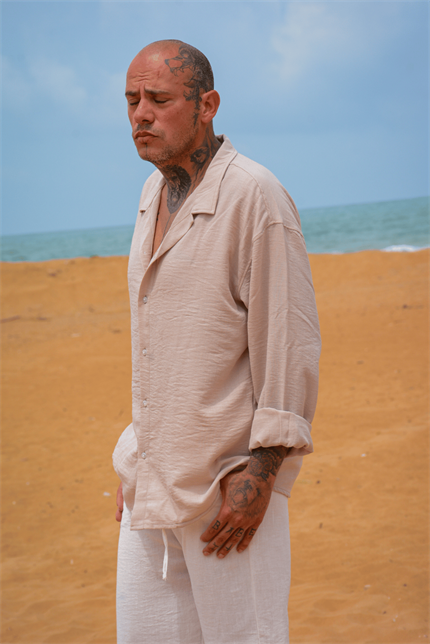 Erkek Oversize Bej Keten Gömlek