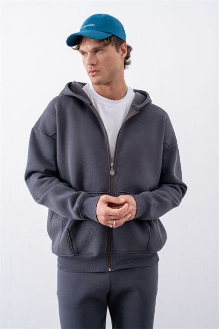 Erkek Oversize Fermuarlı Kapüşonlu Antrasit Sweatshirt