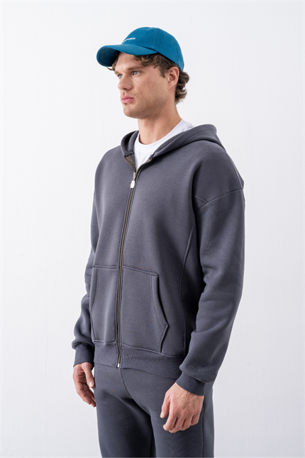 Erkek Oversize Fermuarlı Kapüşonlu Antrasit Sweatshirt