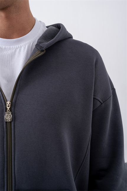 Erkek Oversize Fermuarlı Kapüşonlu Antrasit Sweatshirt