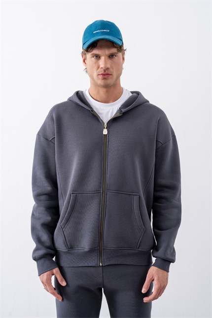 Erkek Oversize Fermuarlı Kapüşonlu Antrasit Sweatshirt