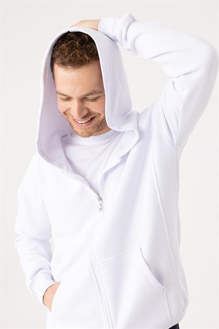 Erkek Oversize Fermuarlı Kapüşonlu Beyaz Sweatshirt