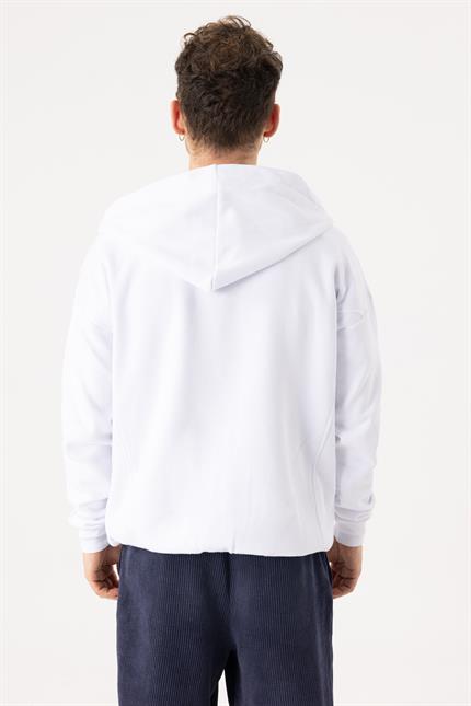 Erkek Oversize Fermuarlı Kapüşonlu Beyaz Sweatshirt