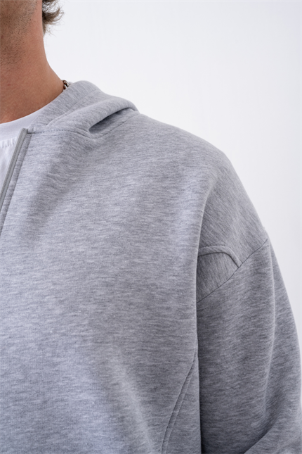 Erkek Oversize Fermuarlı Kapüşonlu Gri Sweatshirt