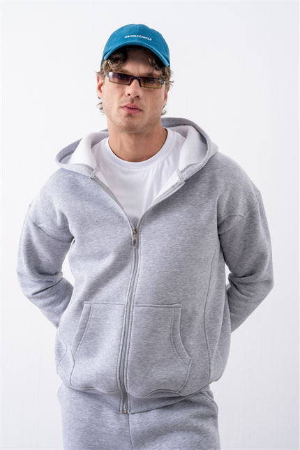 Erkek Oversize Fermuarlı Kapüşonlu Gri Sweatshirt