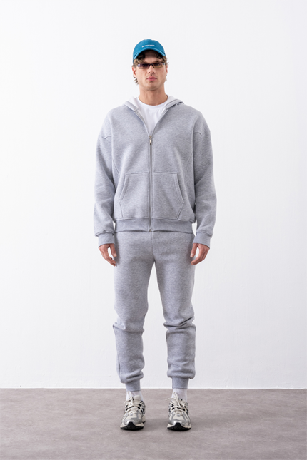 Erkek Oversize Fermuarlı Kapüşonlu Gri Sweatshirt