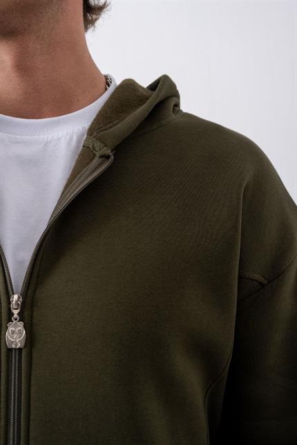 Erkek Oversize Fermuarlı Kapüşonlu Haki Sweatshirt