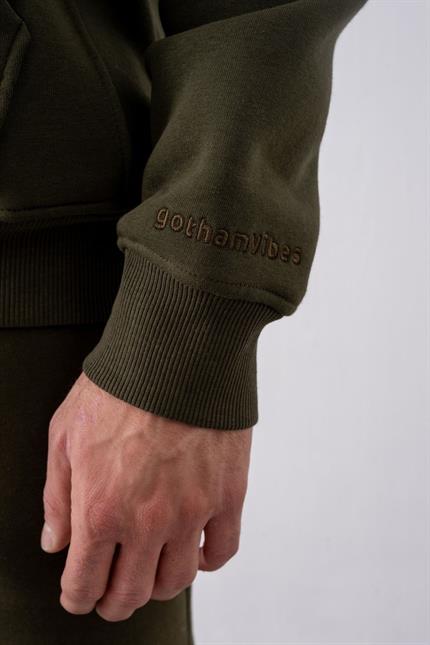 Erkek Oversize Fermuarlı Kapüşonlu Haki Sweatshirt