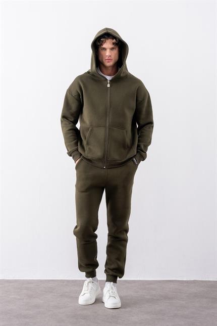 Erkek Oversize Fermuarlı Kapüşonlu Haki Sweatshirt