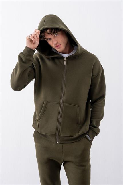 Erkek Oversize Fermuarlı Kapüşonlu Haki Sweatshirt
