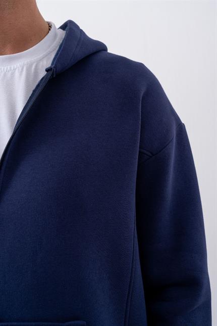 Erkek Oversize Fermuarlı Kapüşonlu Lacivert Sweatshirt