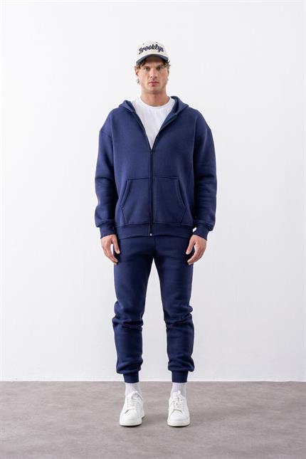 Erkek Oversize Fermuarlı Kapüşonlu Lacivert Sweatshirt