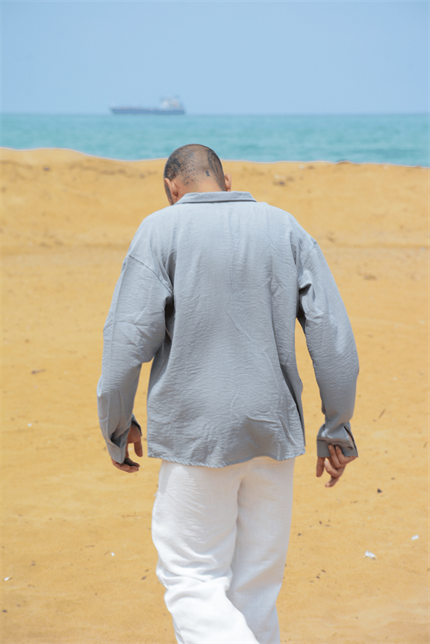 Erkek Oversize Gri Keten Gömlek