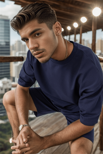 Erkek Plain Oversize Lacivert T-Shirt