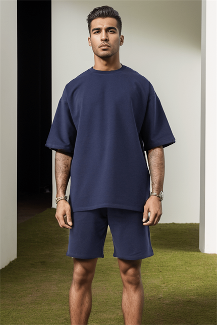 Erkek Plain Oversize Lacivert T-Shirt