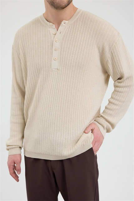 Erkek Fitilli Düğmeli Bej İnce Kazak