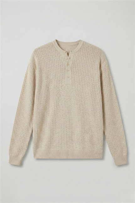 Erkek Fitilli Düğmeli Bej İnce Kazak