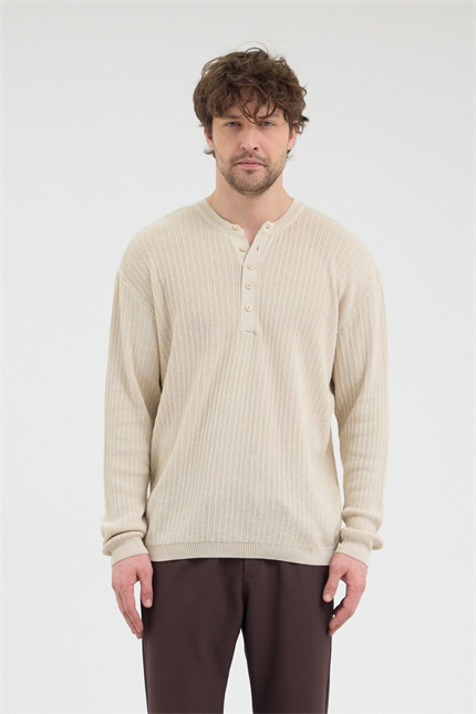 Erkek Fitilli Düğmeli Bej İnce Kazak