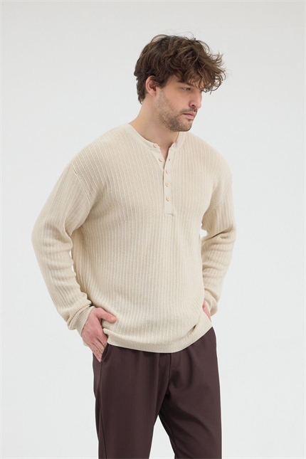 Erkek Fitilli Düğmeli Bej İnce Kazak