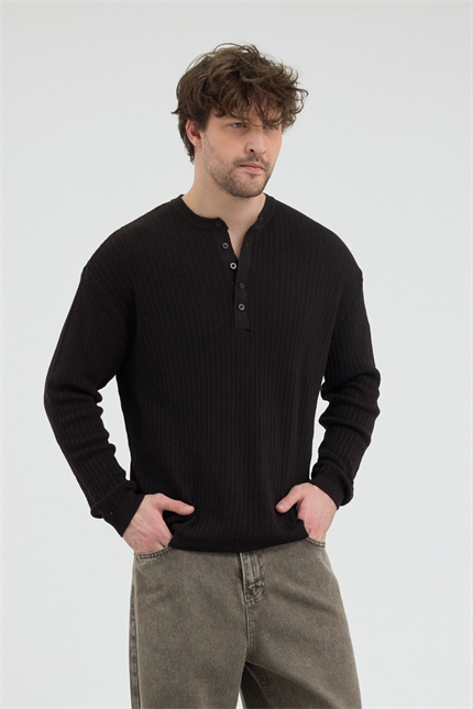 Erkek Fitilli Düğmeli Kahverengi İnce Kazak