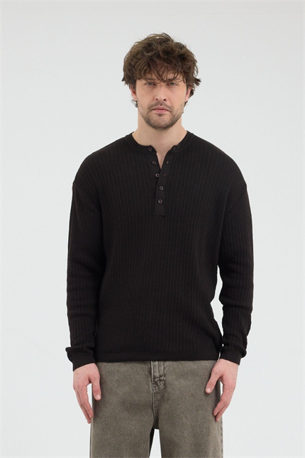 Erkek Fitilli Düğmeli Kahverengi İnce Kazak