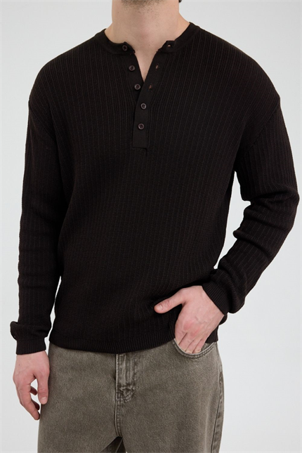 Erkek Fitilli Düğmeli Kahverengi İnce Kazak